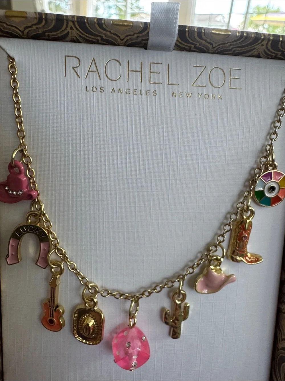 Gold-Tone Western Charm Necklace with Pink & Multicolor Accents
